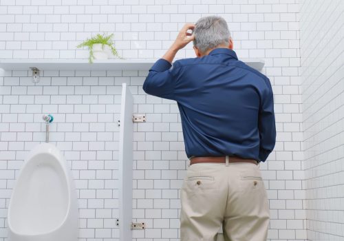 Male genitourinary system diseases concept - rear view asian worried elderly man has dysuria and urination disorder at restroom